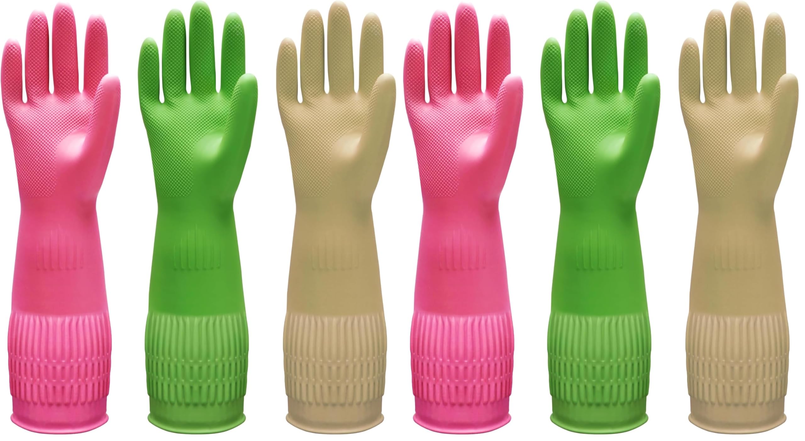 Bamllum 3 Pairs of Rubber Dishwashing Gloves for Kitchen and Household Cleaning – Long Cuff 15", Reusable, Flexible Long-lasting and Non-Slip (Red+Yellow+Green, Large) (Pack of 2)