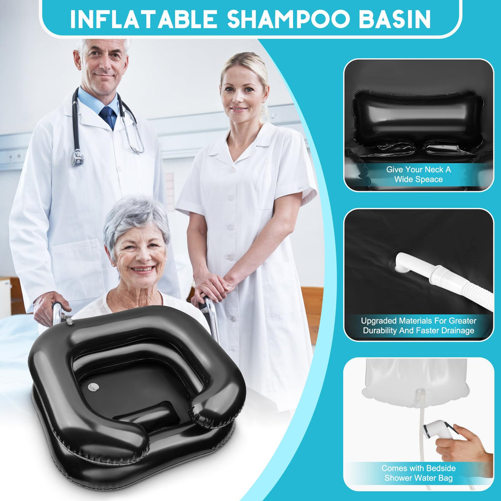 Inflatable Shampoo Basin, Loc Detox Tub for Dreads, Shampoo Buddy Bowl for Bedridden, Disabled,Injured with 2.5 GL Portable Water Shower Bag（Black）