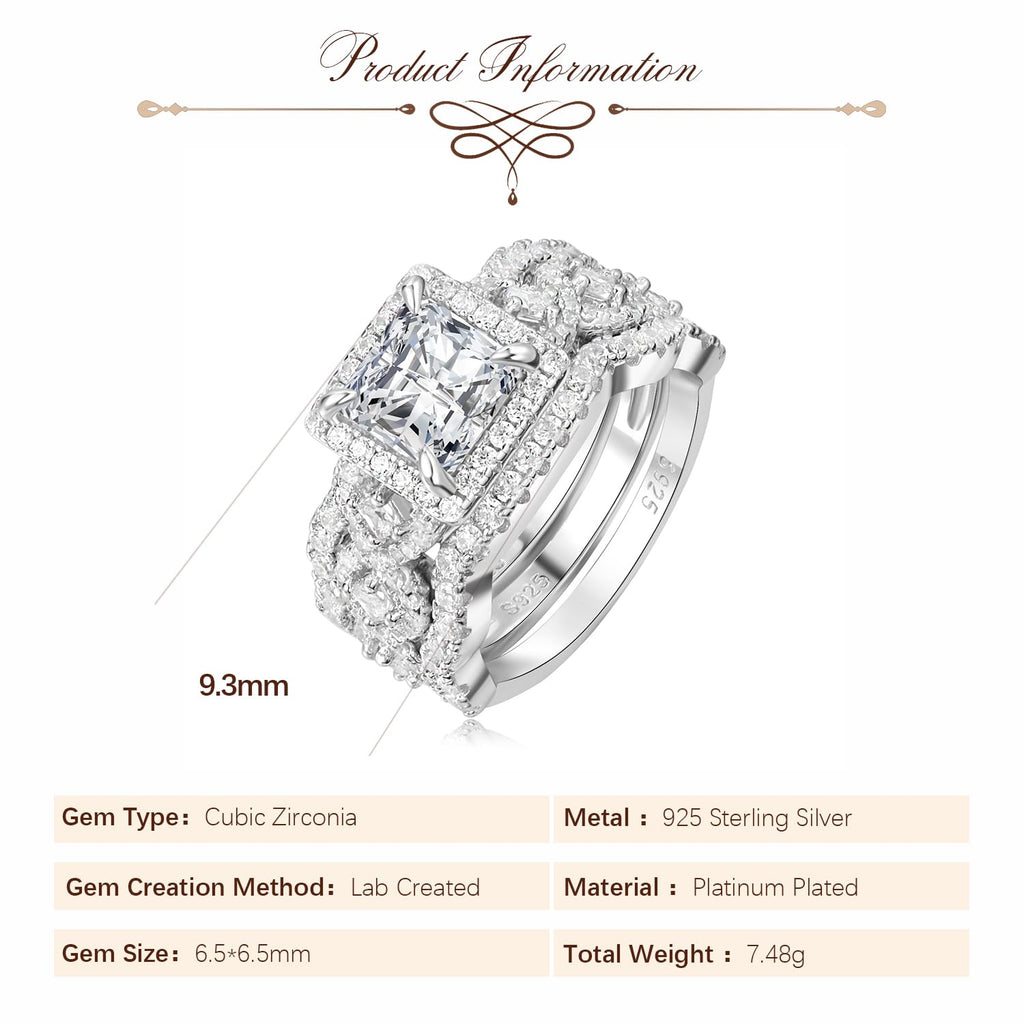 RYANEE Princess Cut Cubic Zirconia Halo Promise Engagement Ring For Women in 925 Sterling Silver, Simulated Diamond 14k White Gold Plated CZ Stackable Rings For Her, Wedding Band Bridal Ring Set 7