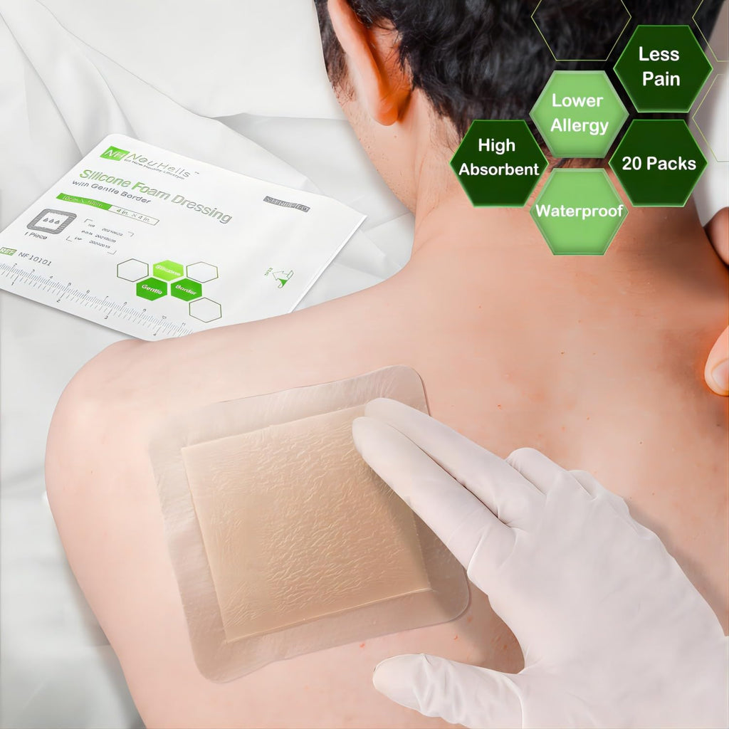 NeuHeils Silicone Foam Dressing with Gentle Border 4''x4'' for Bed Sore Leg Ulcer 20 Pack, High Absorbency Waterproof Silicone Wound Bandage
