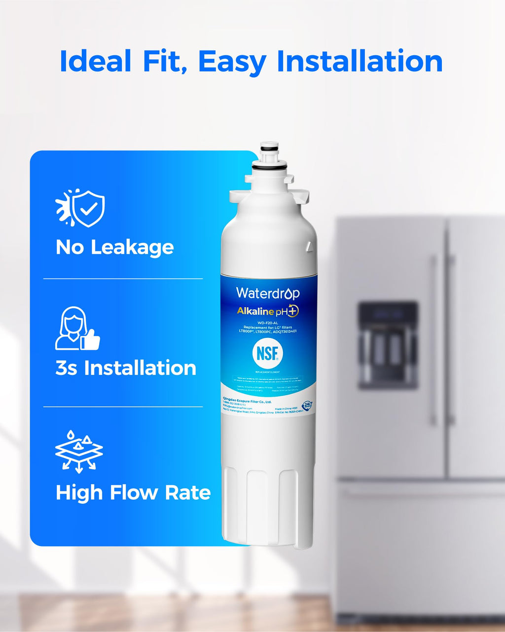Waterdrop 𝐀𝐥𝐤𝐚𝐥𝐢𝐧𝐞 ADQ73613401 Water Filter, 𝐄𝐧𝐡𝐚𝐧𝐜𝐞𝐬 𝐩𝐇, Replacement for LG® LT800P®, ADQ73613402, ADQ75795104, LSXS26326S, LMXC23746S, LSXS26366S, LSXS26386D, 4 Filters