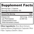 NATURELO Vitamin D - 2500 IU - Plant Based from Lichen - Natural D3 Supplement for Immune System, Bone Support, Joint Health - Vegan - Non-GMO - Gluten Free - 180 Capsules