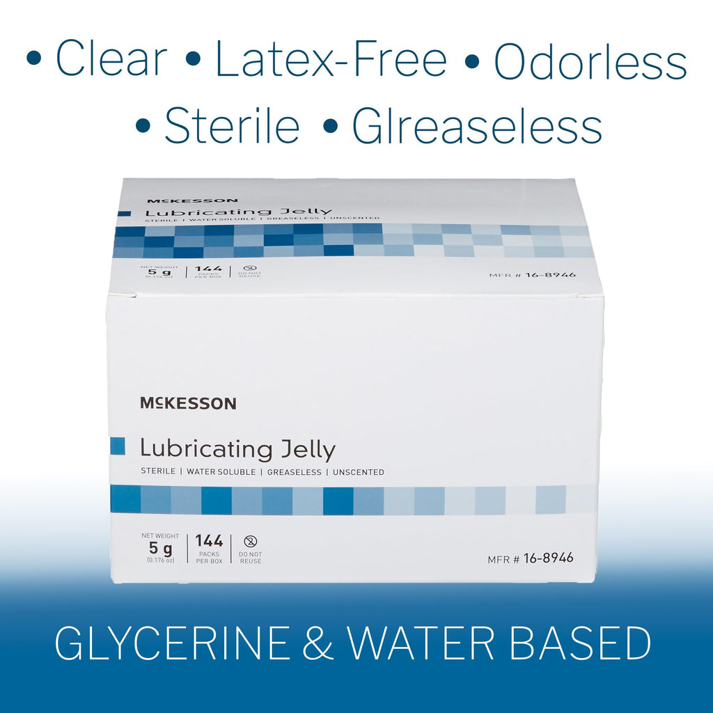 McKesson Lubricating Jelly, 5 g [144 Count] Water Based Non-Sticky Lube, Water Soluble Lubricant Gel - for Surgical, Medical, Personal – Sterile Individual Packets