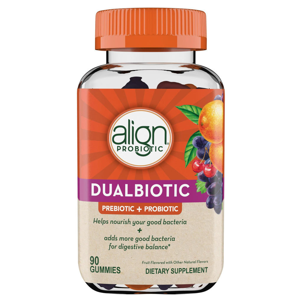 Align Dualbiotic, Prebiotics and Probiotics for Women and Men, Probiotics for Digestive Health, Prebiotics Help Nourish Good Bacteria, Natural Fruit Flavors, 90 Probiotic Gummies