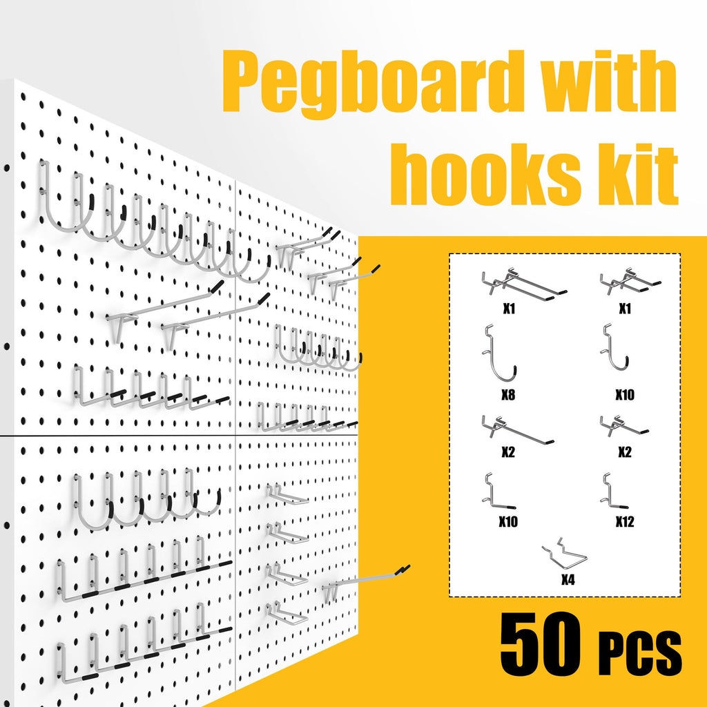 Spampur Peg Board, 4 Pack Metal Pegboard Panels with 50 Hooks