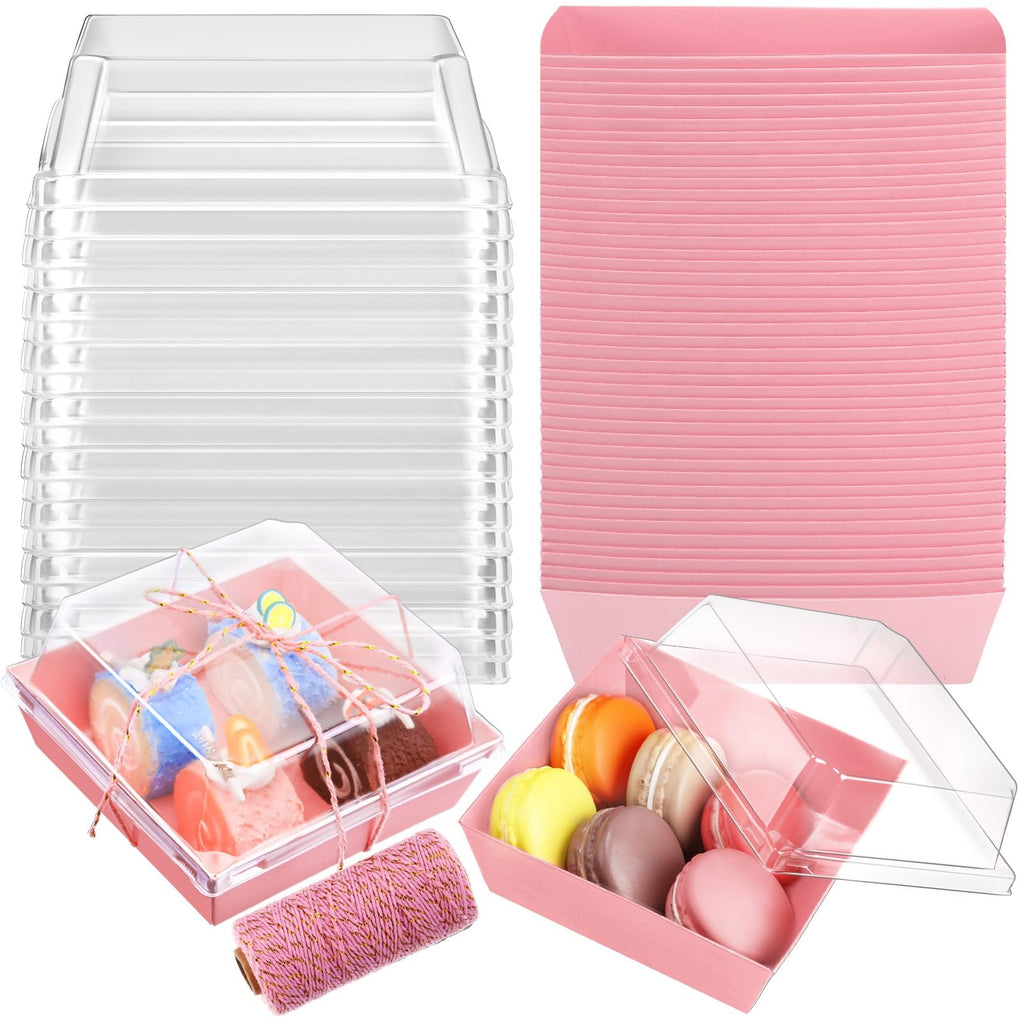 Jetec 50 Pack Charcuterie Boxes with Clear Lids and Rope 4 Inches Cake Disposable Square Dessert Food Box Containers with Lids for Bakery Macaron Cookies Strawberries Fruits Display (Pink)