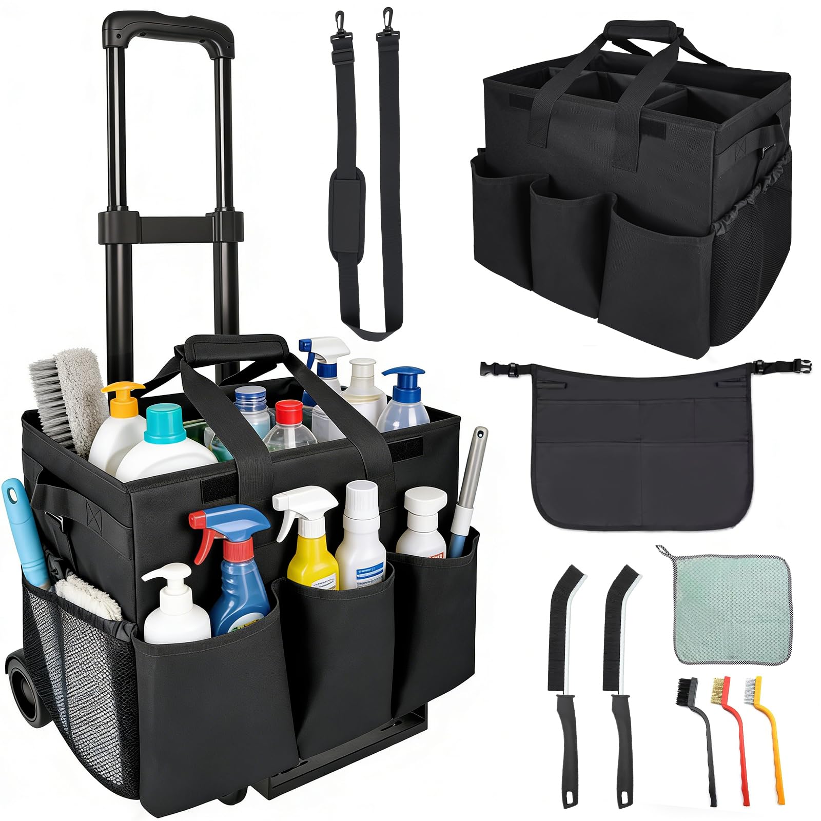 Cleaning Tools Cleaning Caddy with Wheels and Cleaning Apron, Large Rolling Cleaning Caddy Bag with Detachable Trolley, 6PCS Crevice Cleaning Brush Set, Adjustable Shoulder Strap & Multiple Pockets