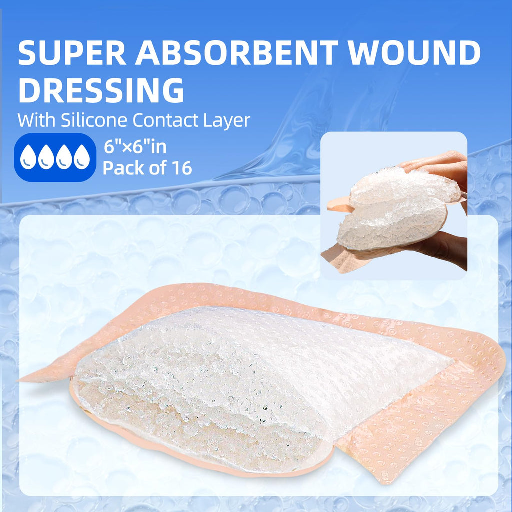 6" x 6" Silicone Super Absorbent Wound Dressing(16 Count) - Gentle Border Large Bandages for Pressure Ulcer, Surgical Wounds, Heavy Exudate Wound Care Pads