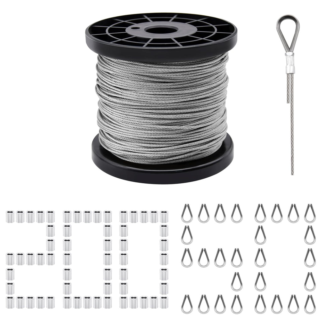328ft Wire Rope, 1/16" Stainless Steel Wire Rope Cable with Aluminum Crimping Sleeves and Stainless Steel Thimbles for Railing, Decking, Picture Hanging