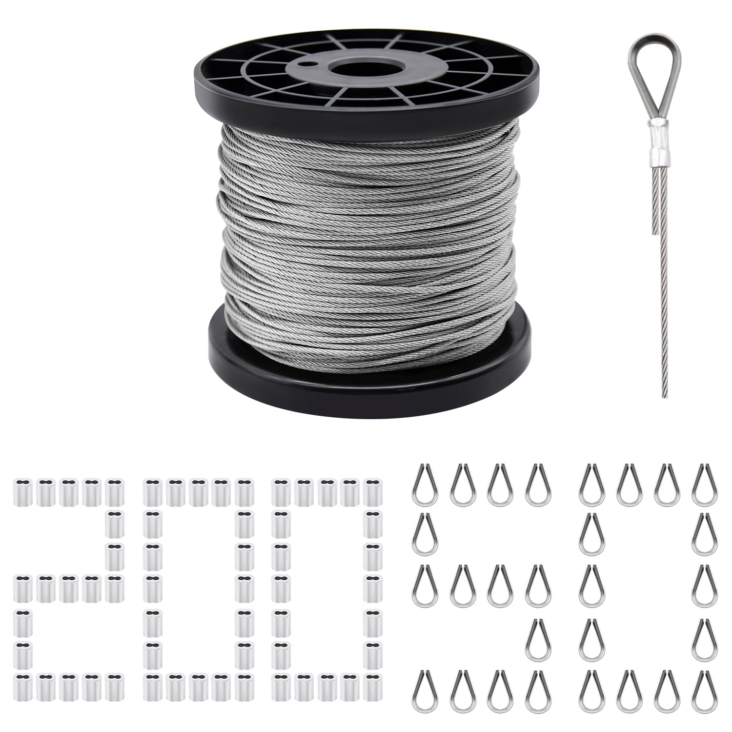 328ft Wire Rope, 1/16" Stainless Steel Wire Rope Cable with Aluminum Crimping Sleeves and Stainless Steel Thimbles for Railing, Decking, Picture Hanging