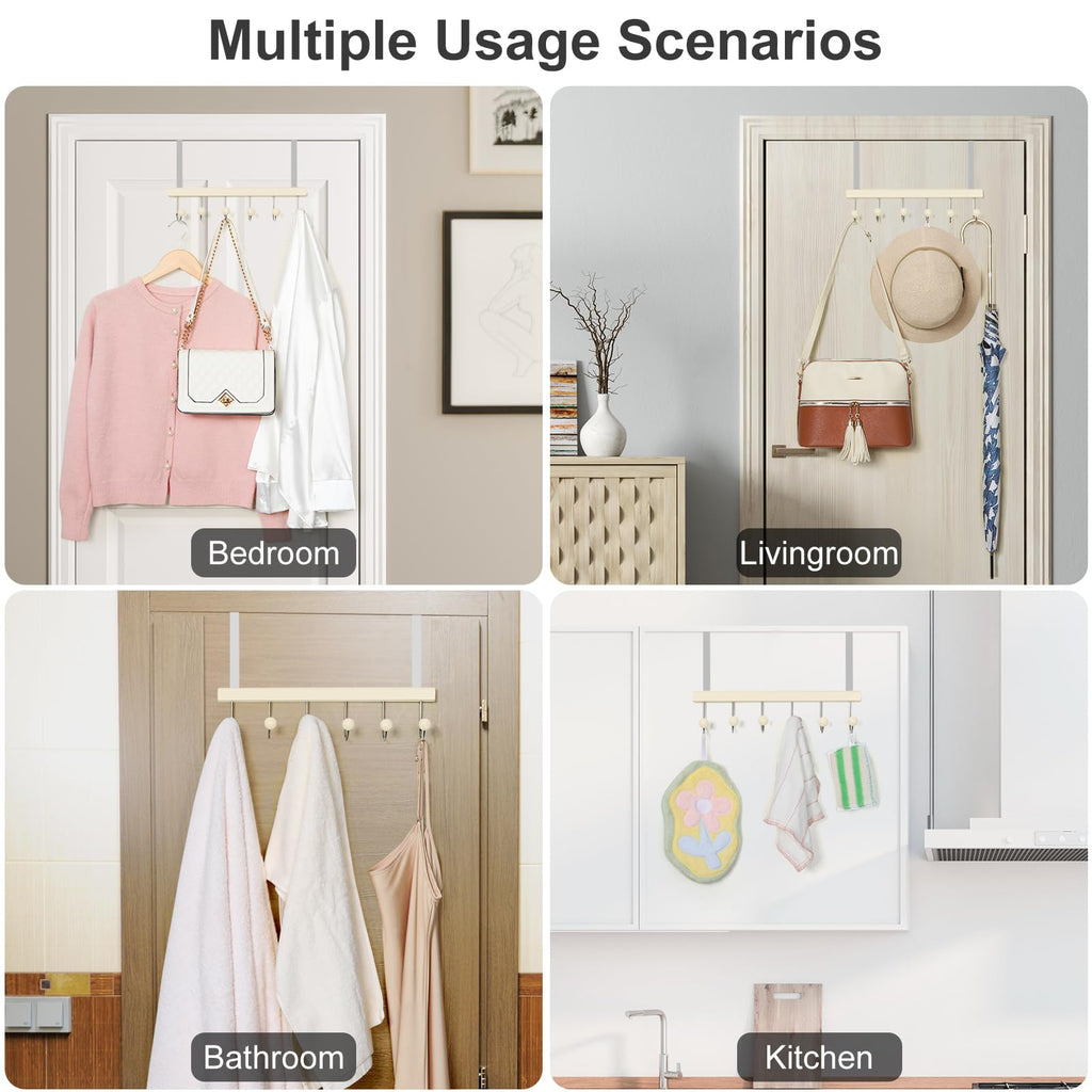 TOPIA HANGER Over The Door Hooks for Hanging, Towel Hooks Towel Racks for Bathroom, Coat Hooks Coat Rack Over The Door Organizer Hanging, Wooden Door Hangers for Coat Towel Hat Purse CT72W - 2 Pack