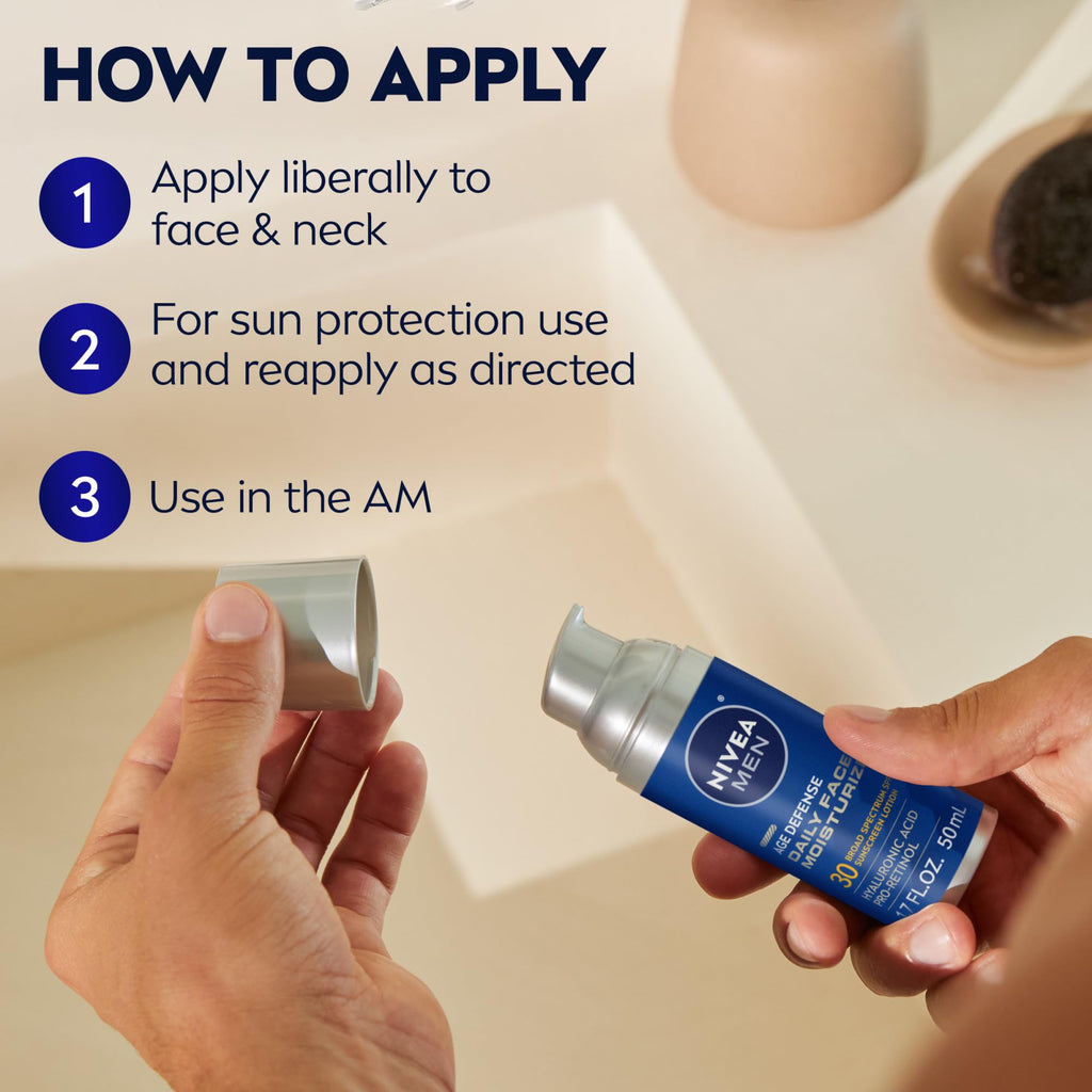 NIVEA MEN Age Defense Daily Face Moisturizer with Broad Spectrum SPF 30 Sunscreen, Pro-Retinol and Hyaluronic Acid, Beard-Friendly Face Lotion Helps Defend Against UVA/UVB Rays, 1.7 Fl Oz Bottle