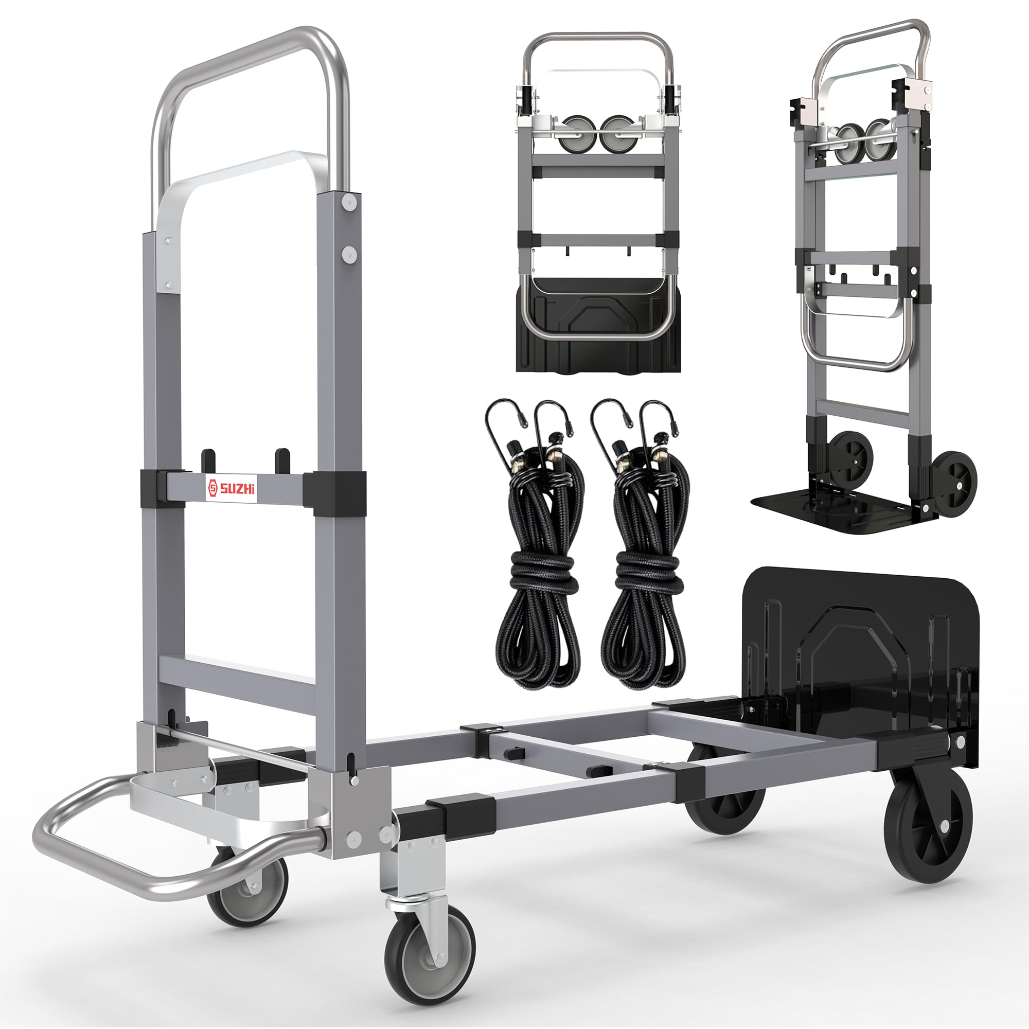 Suzhi Convertible Hand Truck Dolly Cart with Wheels Heavy Duty/with 4 Wheels / 500Lbs Load, 2 Straps for Furniture/Appliance/Carton/Warehouse/Office/no Need to Install, Easy to fold as Video