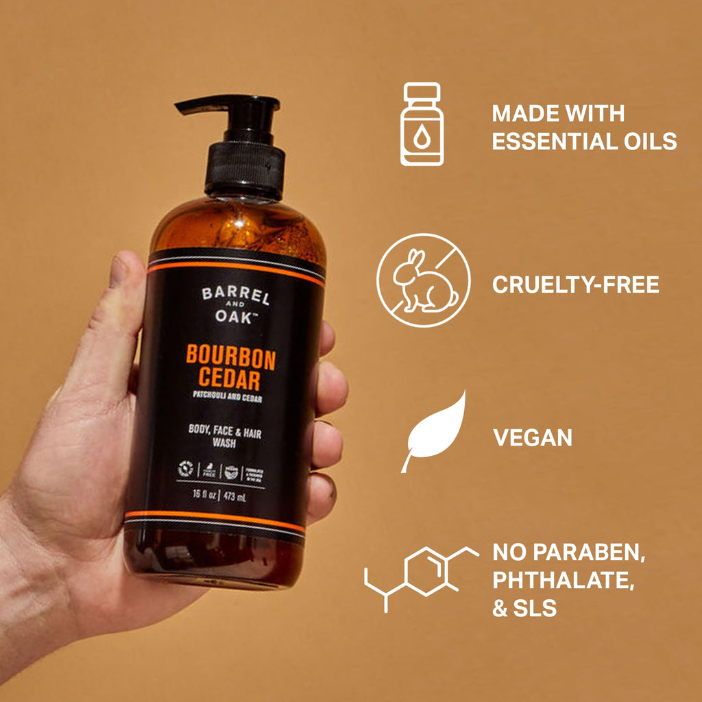 Barrel & Oak All-in-One Wash for Face, Hair, & Body, Vegan & Hydrating Face, Shampoo and Body Wash for Men, Grooming Kit Gifts for Men, Bourbon Cedar, 16 oz
