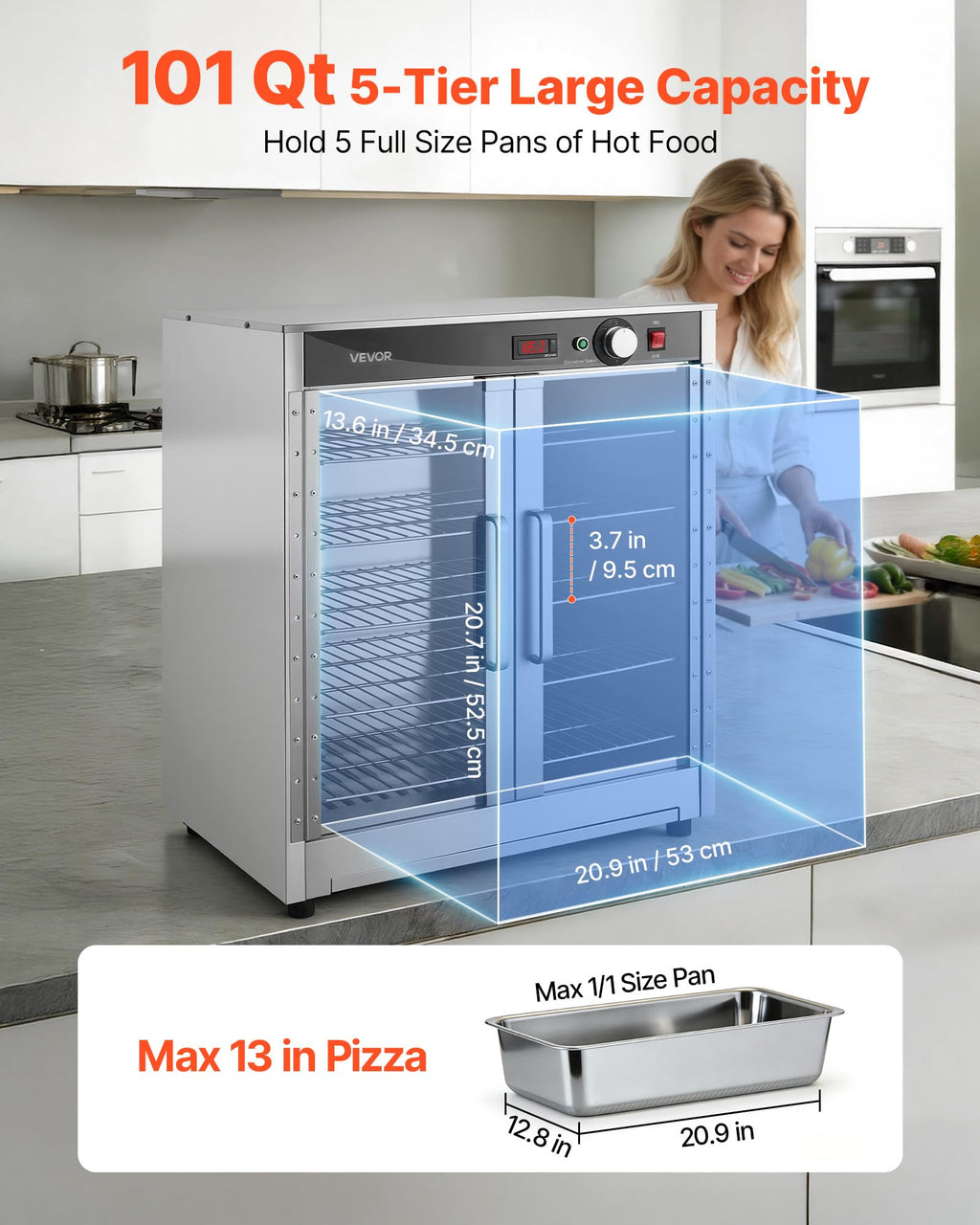 VEVOR Electric Hot Box Food Warmer, 5-Tier Commercial Warming Cabinet with Water Tray, Double-Door and Adjustable Shelves, Stainless Steel Food Warmer Cabinet, for Restaurant, Kitchen, Pizza, Chicken