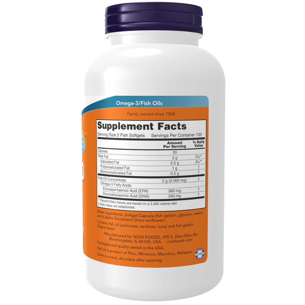 NOW Foods Supplements, Omega-3 180 EPA / 120 DHA, Molecularly Distilled, Cardiovascular Support*, 200-Fish Gelatin Softgels,Packaging may vary