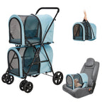 LPOTIUS Double Pet Stroller for Dogs and Cats with 2 Detachable Carrier, Quick-Folding Dog Stroller for Medium Small Dogs Cats, 4 Wheels, Light Blue