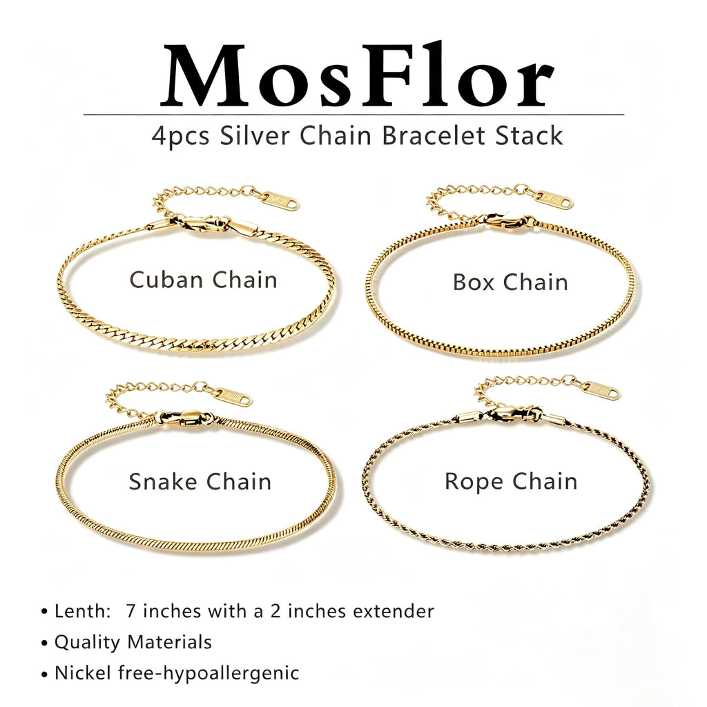 MosFlor 4 Pcs Mens Bracelet Gold Cuban, Cuban link Chain for men Waterproof Stainless Steel Men Jewelry Adjustable Bracelets for Men Birthday Gifts for Him Dad Son