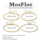 MosFlor 4 Pcs Mens Bracelet Gold Cuban, Cuban link Chain for men Waterproof Stainless Steel Men Jewelry Adjustable Bracelets for Men Birthday Gifts for Him Dad Son