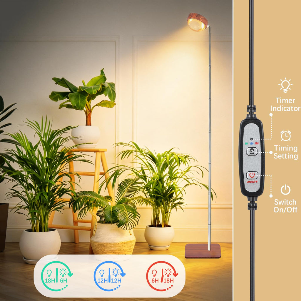 FECOLGT Grow Light for Indoor Plants, Full Spectrum Floor Plant Lamp with Convex Lens, Timer 6/12/18H, Faux Walnut Wood Grain, 12-57 inches Height Adjustable Desktop and Standing Growing Light