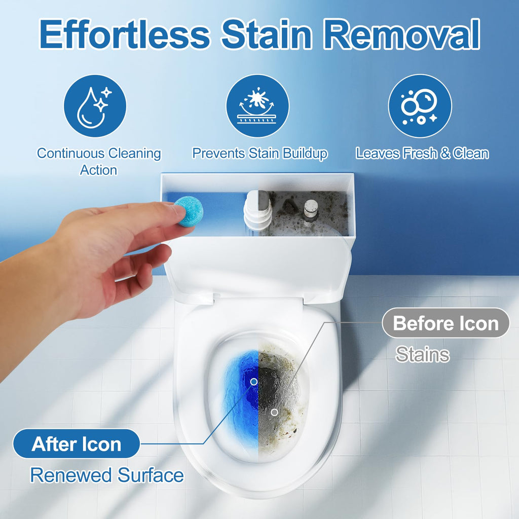 PUGAIQI Toilet Bowl Cleaner Tablets Blue Toilet Tank Cleaners, Septic-Safe Hard Water Stain Remove, Effervescent Stain & Odor Remover Bathroom， Automatic Toilet Cleaning & Deodorizer 50 TabsTTDS