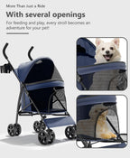 OS MOTOR Pet Stroller with 4 Wheels for Small/Medium Pets, Portable Travel Foldable Carrier Jogger for Dog Cat Puppy Kitty, Rear Wheel Breaks, Storage Basket, Visible Mesh Weather Cover (Navy Blue)