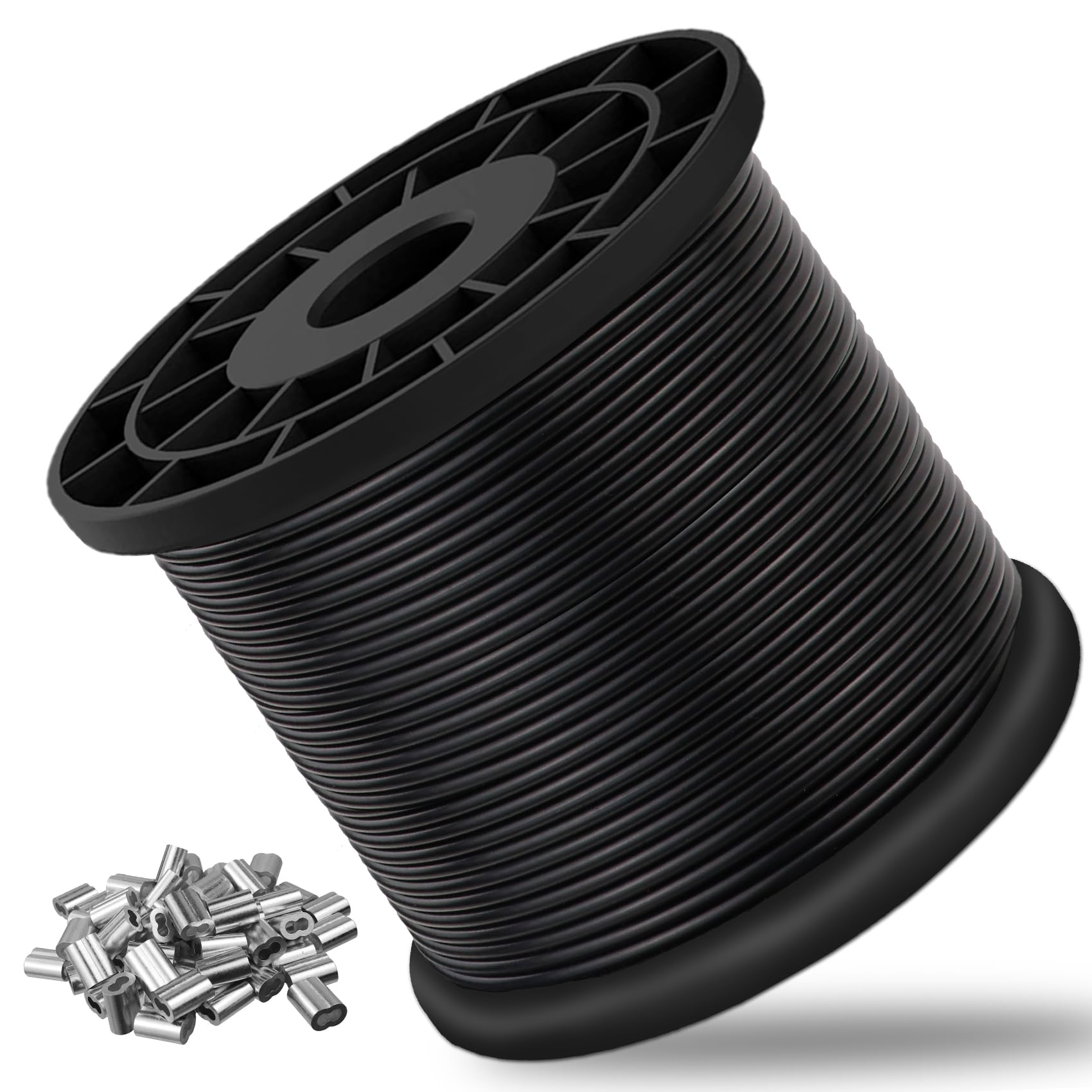 Vinyl Coated Wire Rope 304 Stainless Steel Coated Wire Cable-Black, 1/16" OD to 3/32" x 500FT, with 200 Pcs Crimping Sleeves-Cable for String Lights, Suitable for Clotheslines