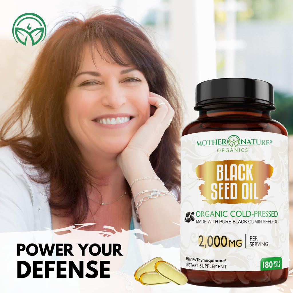 Black Seed Oil Capsules – Organic Cold Pressed Black Cumin Oil, High TQ Nigella Sativa, 1000mg per Capsule, 3 Month Supply - 180 Softgels