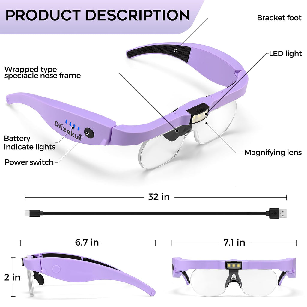 Dilzekui Magnifying Glass with Light 1.5X to 5.0X, Rechargeable Magnifying Glasses Head Magnifier, Lighted Magnify Glass with 4 Detachable Lenses, Magnifier Headset for Close Work Hobbies Jewelry