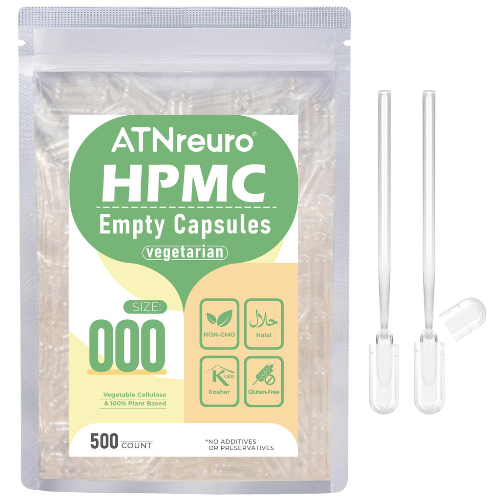 ATNreuro 000 Empty Vegan Capsules with 2 Micro Spoons - 500 Count Empty Vegetarian Capsule - Empty Pill Capsules for Powders Supplements