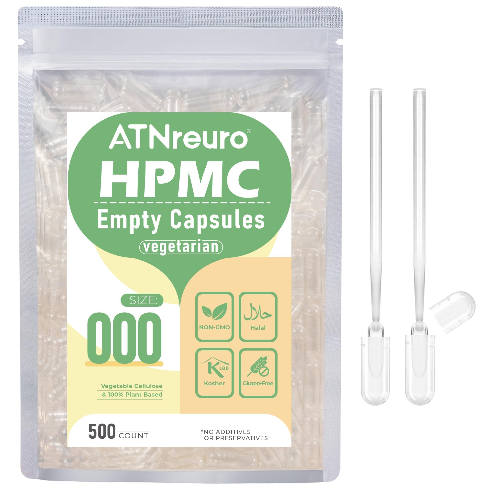 ATNreuro 000 Empty Vegan Capsules with 2 Micro Spoons - 500 Count Empty Vegetarian Capsule - Empty Pill Capsules for Powders Supplements