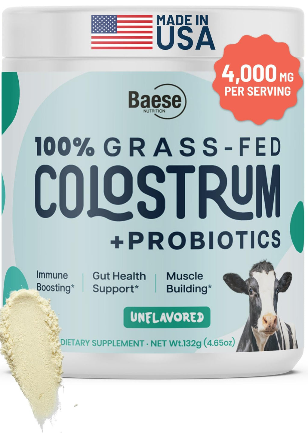 Baese Nutrition 4000mg 800 IgG Grass Fed with Probiotics Bovine Colostrum Powder Supplement for Kids & Adults with Immunoglobulins (132 Grams, Unflavored)