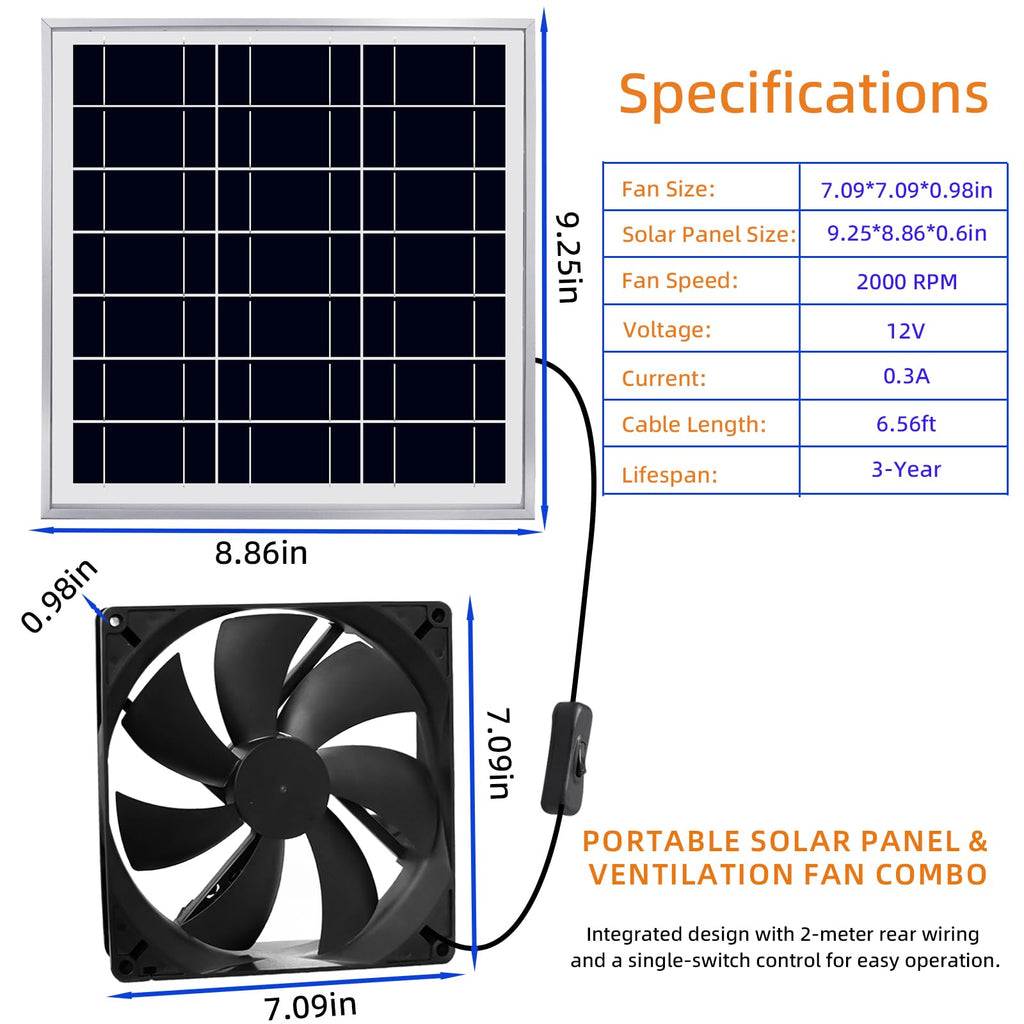 Solar Powered Fan Kit 7 inch Solar Fan for Chicken Coop, Shed, Greenhouse, Outside, Solar Exhaust Fans Solar Panel Fan for Dog Pet Houses