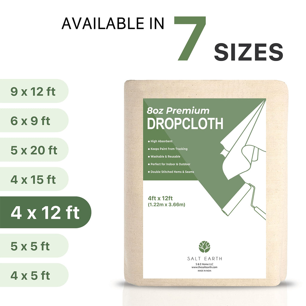 Salt Earth Canvas Drop Cloth 1Pc, Reusable Paint Drop Cloth, 100% Recycled Cotton Canvas Tarp Cover for Painter, Furniture, Floor Protection, All Purpose Painters Dropcloth for Christmas DIY (4x12FT)