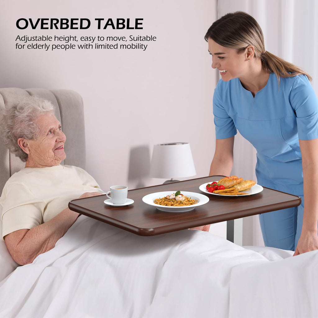WOTURE Adjustable Overbed Table with Wheels, Bedside Rolling Table, Pneumatic Height Adjustment, Hospital Bed Table on Wheels, Standing Desk, Bedridden & Mobility Needs, Walnut