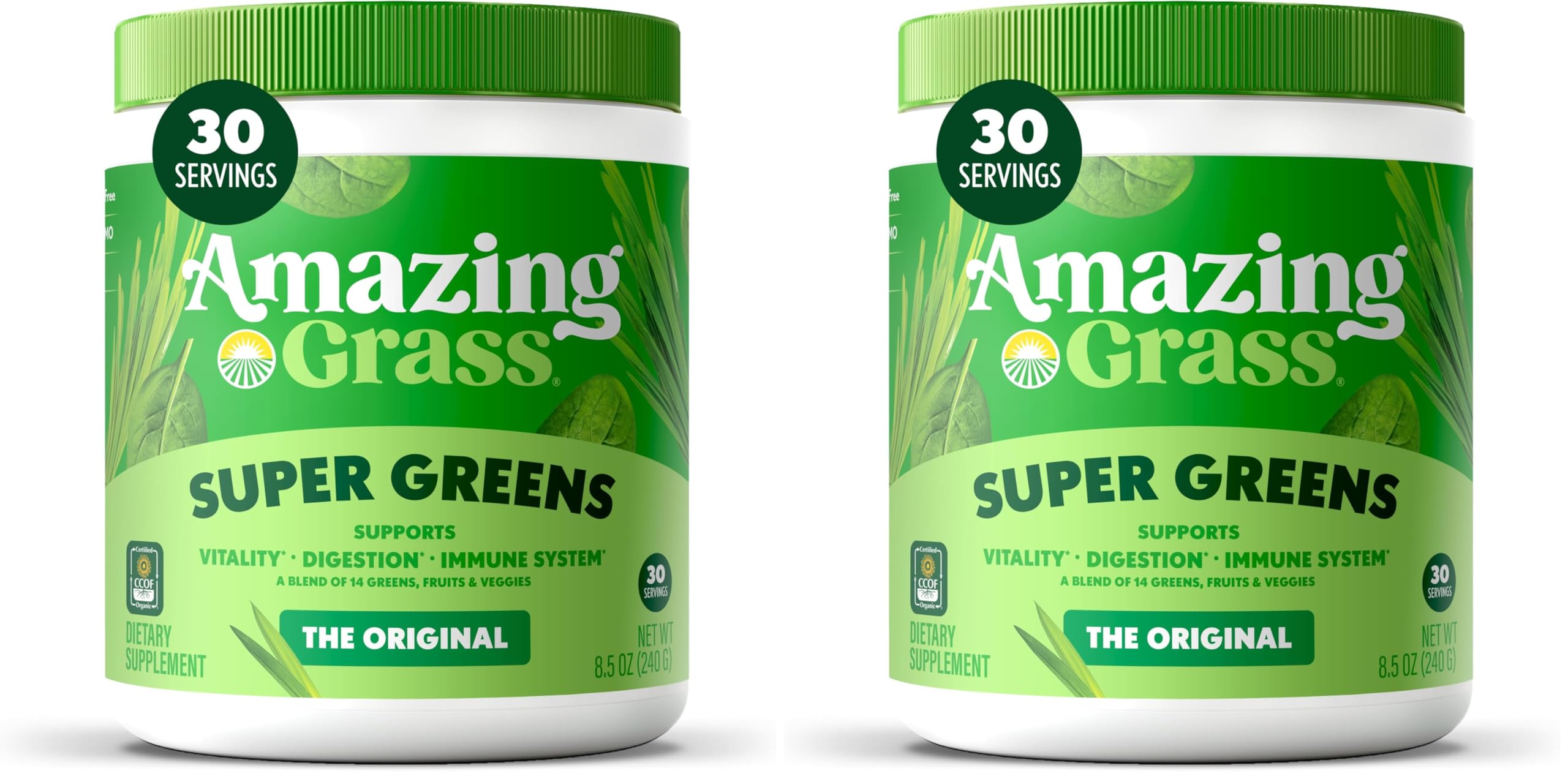 Amazing Grass Greens Blend Superfood:Greens Powder Mix for Energy,with Organic Spirulina,Chlorella,Beet Root Powder,Digestive Enzymes & Probiotics,Original,(Packaging May Vary),30 Servings,(Pack of 2)