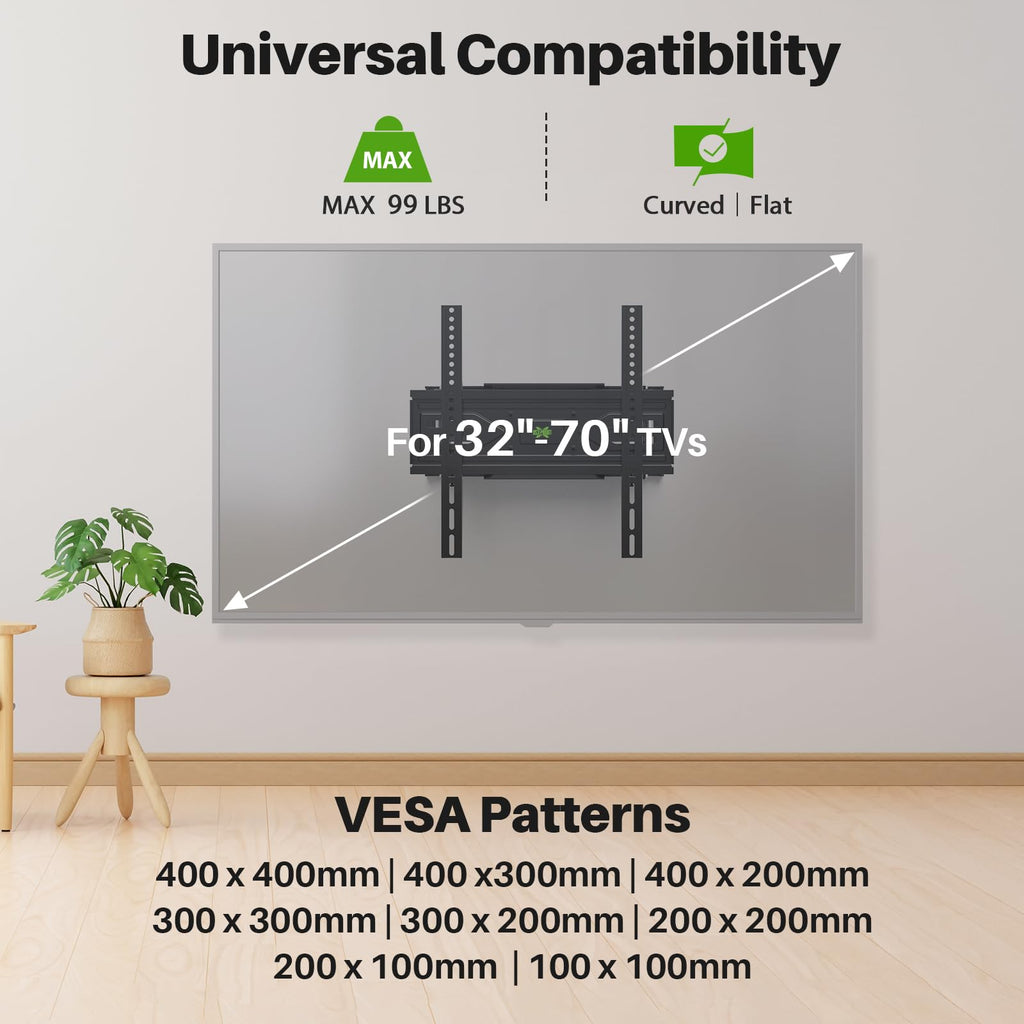USX MOUNT Full Motion TV Wall Mount for Most 32-70 inch TVs up to 99 lbs, Wall Mount Bracket with Dual Articulating Arms, Swivel, Tilt, Max VESA 400x400mm, TV Mount Fits 12”/16” Wood Studs