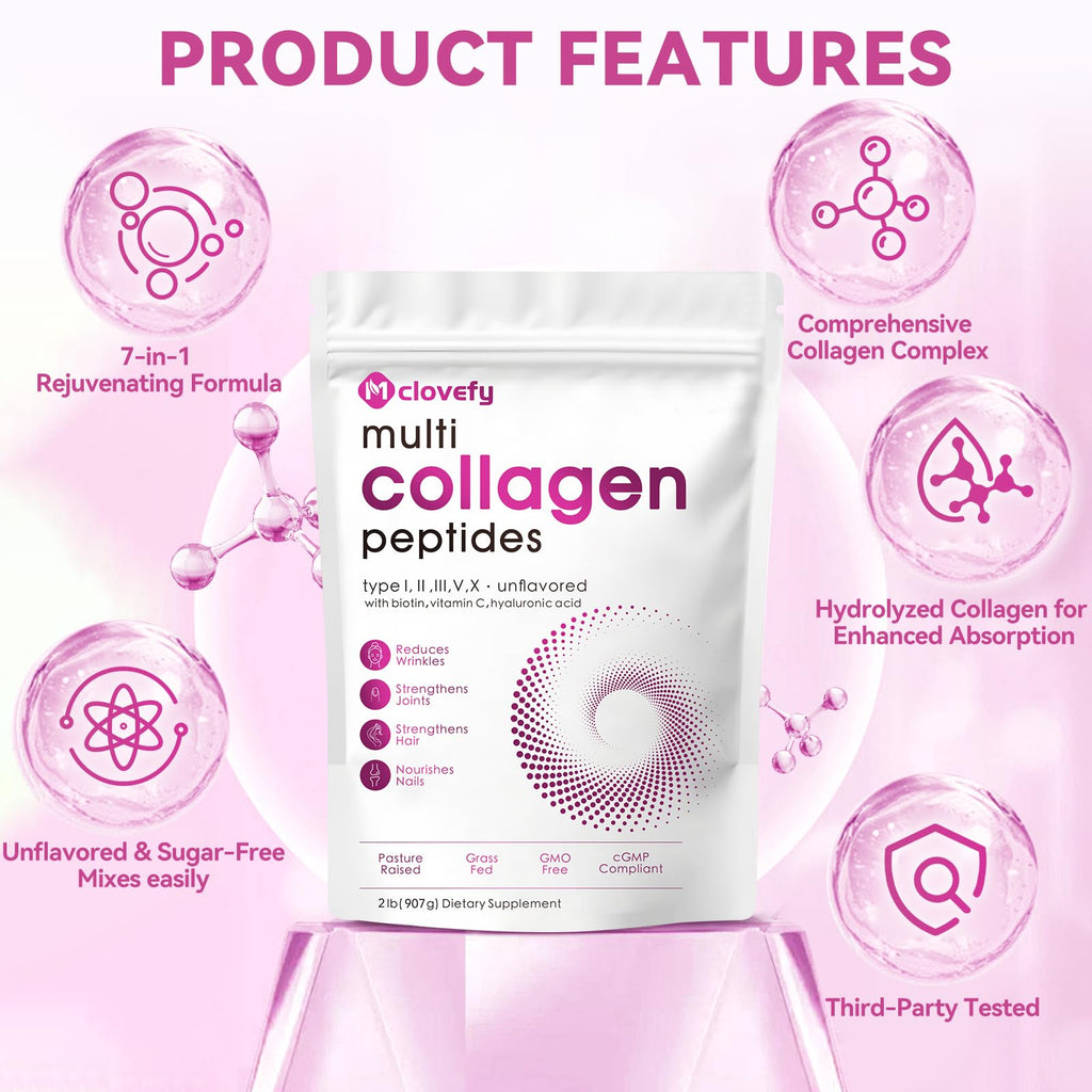 Mclovefy Multi Collagen Protein Powder, 2lbs-Unflavored, with Hyaluronic Acid & Vitamin C, Skin, Hair & Joint Support, 32 Oz