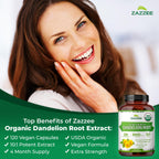 Zazzee USDA Organic Dandelion Root 10:1 Extract, 120 Capsules, 4 Month Supply, Liver & Detox Support, Taraxacum Officinale, Organic Herbal Supplement, All-Natural, Non-GMO, Made in the USA