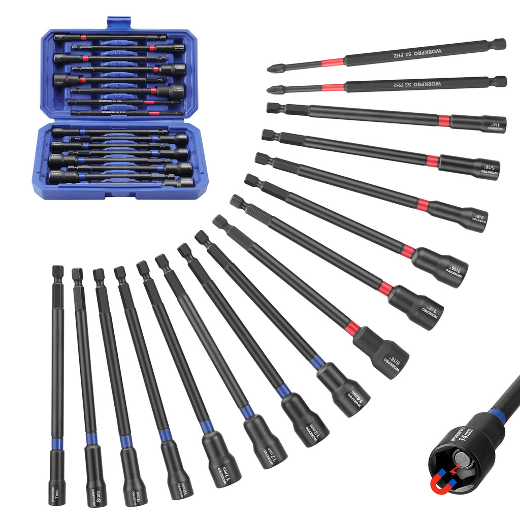 WORKPRO 16-Piece Magnetic Nut Driver Set and Bit, 6" Long Nut Drivers, Metric & SAE Nut Drivers for Impact Drill, Long Shank Nut Driver Bits, 1/4"Hex Shank, Long Power Bits, PH2, with Sturdy Tool Box
