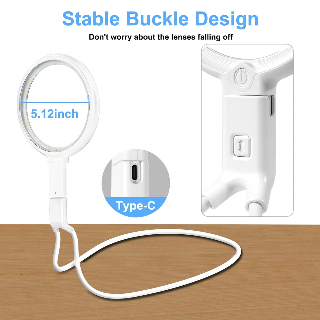 Neck Magnifier Hands Free with Light, 10X 5.2 Large Magnifying Glass with 36 LED Light, Flexible Gooseneck for Close Work Reading Sewing Senior (White)