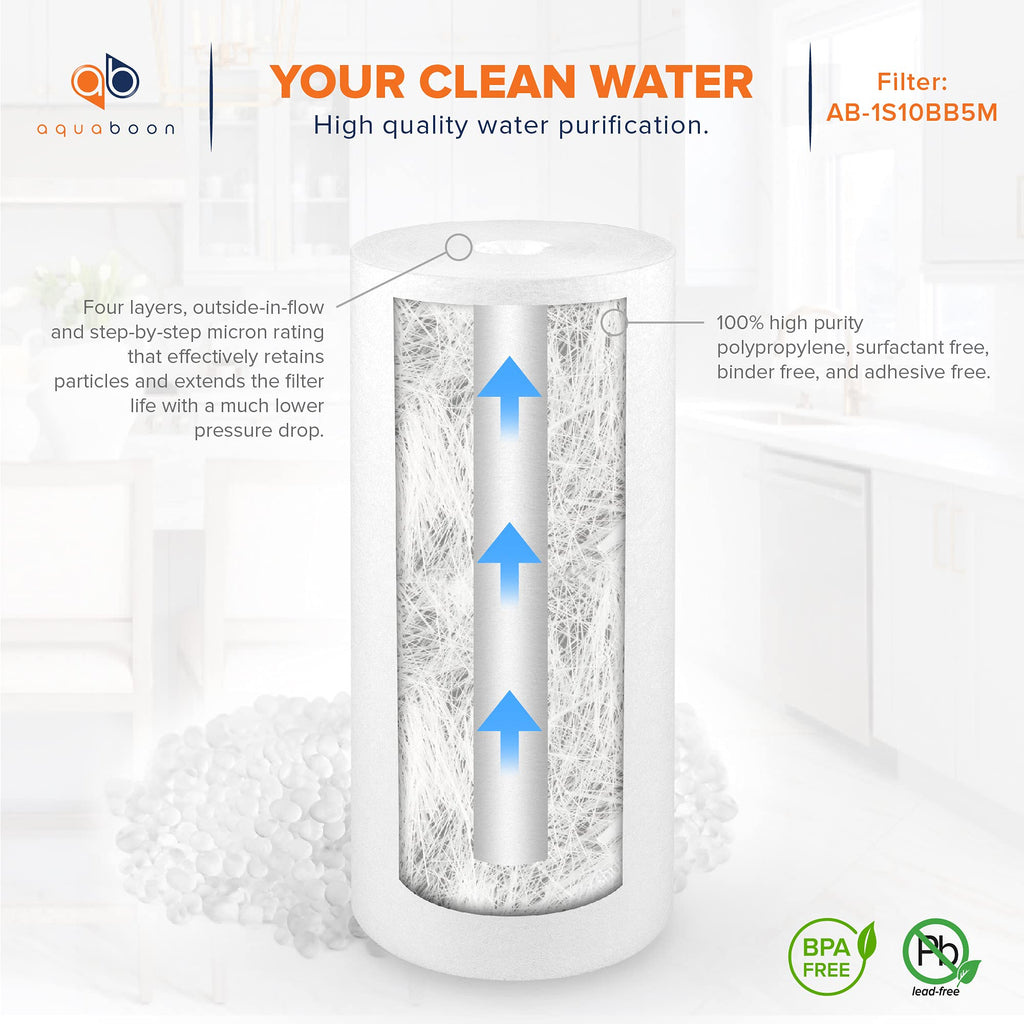 Aquaboon 5 Micron 10 x 4.5 Well Water Sediment Filter Replacement Whole House Water Filter Cartridge Compatible with DGD-5005, WFHD13001B, 12-Pack