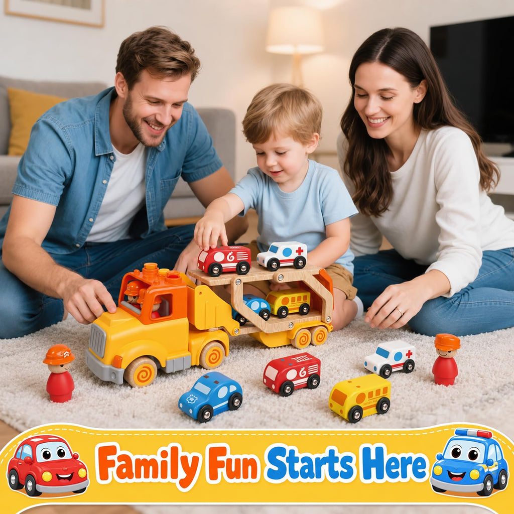 Toddler Car Toys for 2 3 4 5 Years Old Kids, Transport Carrier Truck Toy with 4 Wooden Vehicle, 24IN Foldable Track Trailer with Light & Sound Effects, Best Gift Choice for Christmas, Birthday
