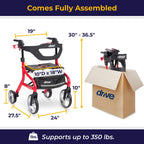 Drive Medical Nitro Sprint Foldable Rollator Walker with Seat - Lightweight Support - Large Wheels - Compact Folding Design - Adjustable Comfort - Standard Size - Red