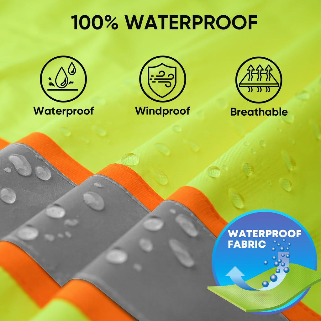 TICONN Reflective Rain Coat, Waterproof Hi Vis Safety Rain Jacket, Heavy Duty ANSI Class 3 High Visibility Trench Coat (L)