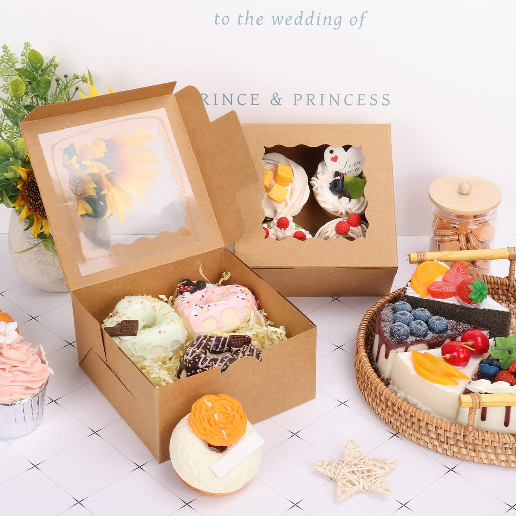Moretoes 80pcs Brown Bakery Boxes with Window, 6x6x3 Inches Small Cookie Boxes for Treats, Pastries, Chocolate Covered Strawberries, Macarons, Cupcakes, Goodies, Donuts