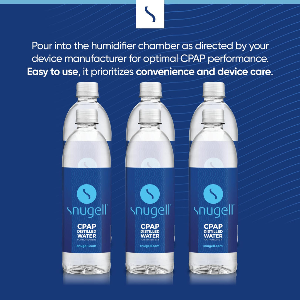 Snugell Travel Size Bottled Distilled Water for CPAP Machines, (6-Pack, 20oz Each) – Up to 12-Day Supply – Multi-Use, Travel-Friendly, Clean, Made in USA