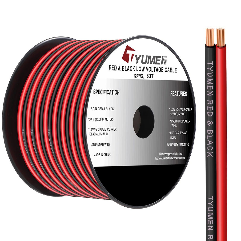 TYUMEN 12 Gauge Red Black Wire 50FT, 12/2 AWG Electrical Wire 12V/24V DC Cable, 12AWG 2 Conductor Flexible Copper Claded Aluminum Extension Cord for LED Ribbon Lamp Tape Lighting, in-Home, Autos Use
