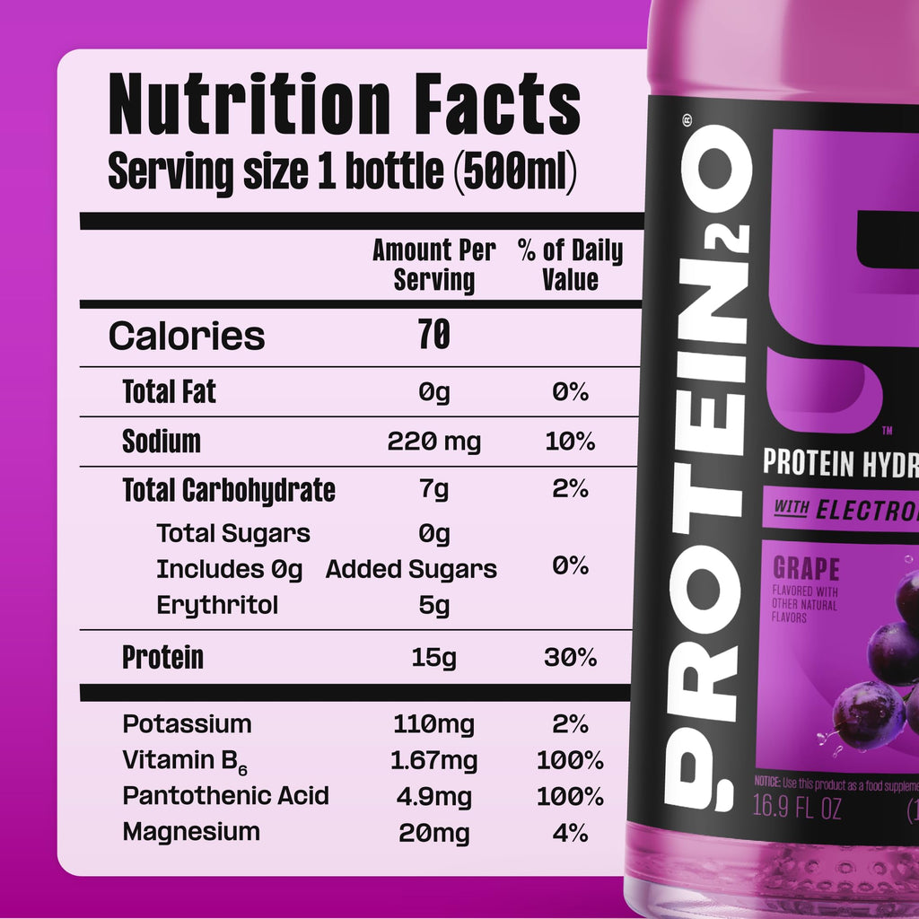 Protein2o 2-in-1 Clear Whey Protein & Electrolyte Beverage, 15g Protein, Gluten-Free, 16.9 fl oz Bottles (12 Count), Grape