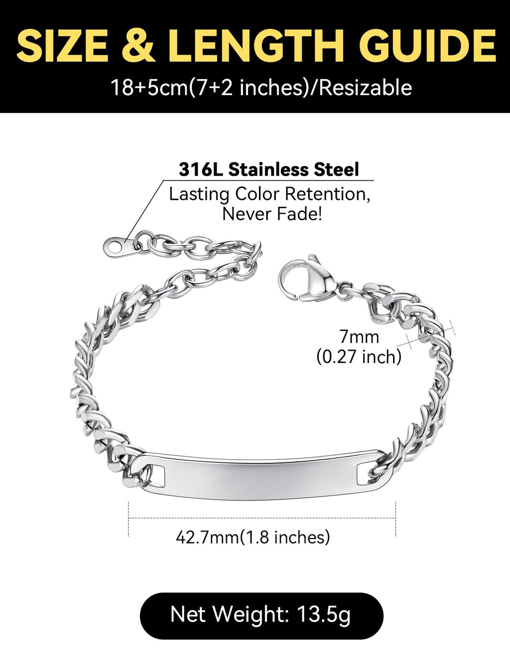 ChainsHouse Custom Name ID Bracelet Stainless Steel Cuban Chain Gift Women Personalized Engrave Bracelets for Men 7mm